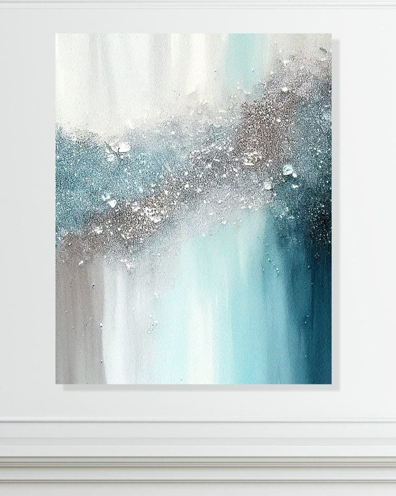 Abstract painting in shades of teal, blue, gray, and silver.