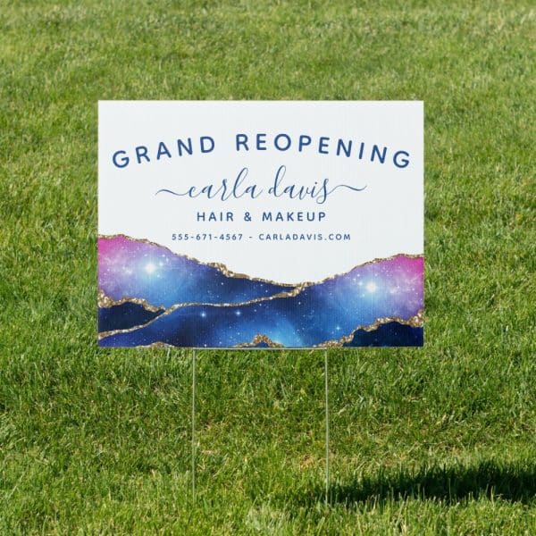 Grand Reopening Announcement For Carla Davis Hair &Amp; Makeup, Featuring A Galaxy Design.