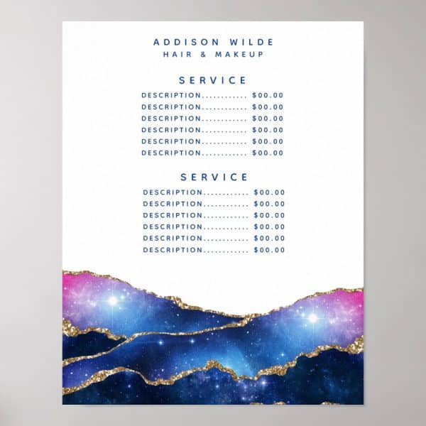 Price List For Addison Wilde Hair &Amp; Makeup, Featuring A Galaxy-Themed Design.