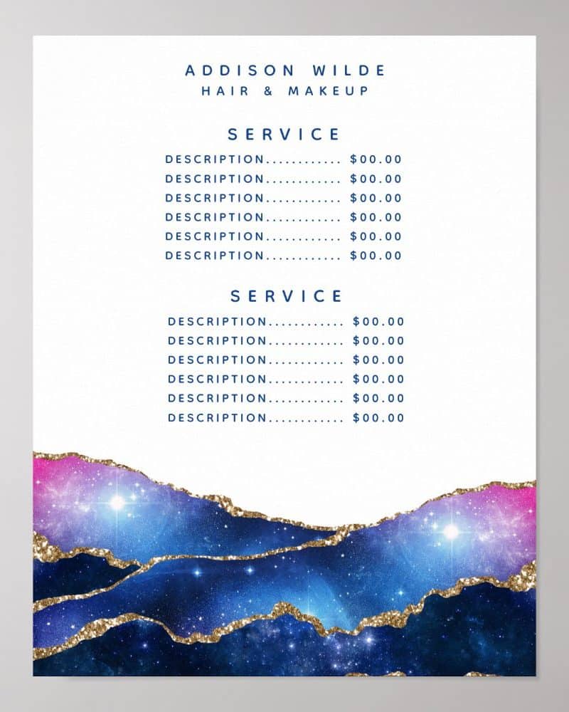 Price list for Addison Wilde Hair & Makeup, featuring a galaxy-themed design.