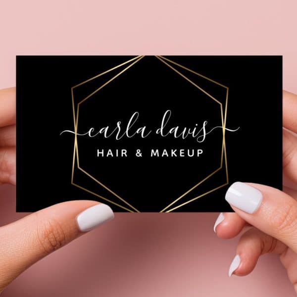 Black Business Card With Gold Geometric Frame And Carla Davis Hair &Amp; Makeup In White Script.