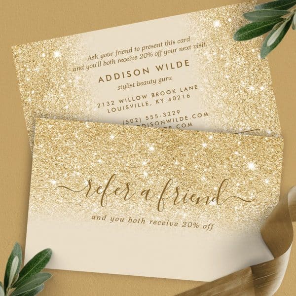 Gold Glitter Referral Card Offering 20% Off For Both Referrer And Friend.