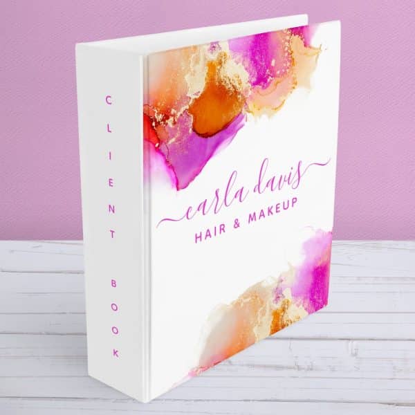 White Client Book With Pink And Gold Alcohol Ink Design And Carla Davis Hair &Amp; Makeup Text.