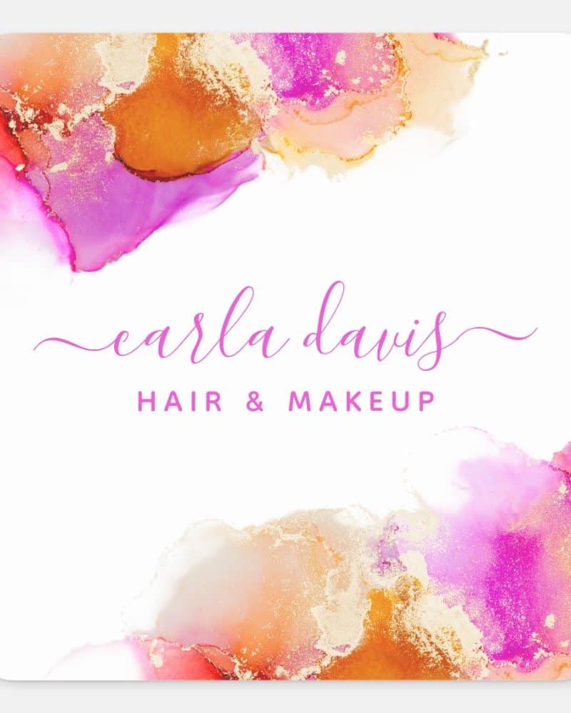 Carla Davis Hair & Makeup logo featuring pink, orange, and gold abstract watercolor designs.