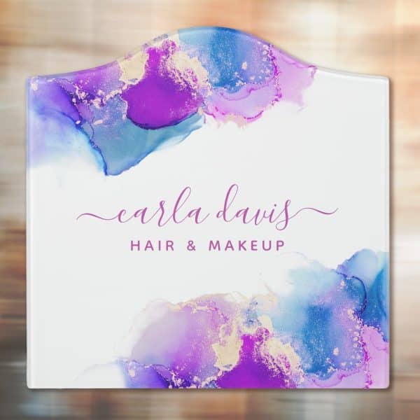 White Business Sign With An Arched Top, Featuring Purple And Blue Alcohol Ink Art And The Name Carla Davis Hair &Amp; Makeup.