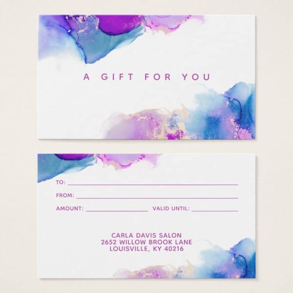 Gift Certificate With Purple, Blue, And Gold Watercolor Design; Includes Space For Recipient, Giver, Amount, And Expiration Date; Carla Davis Salon Information At The Bottom.