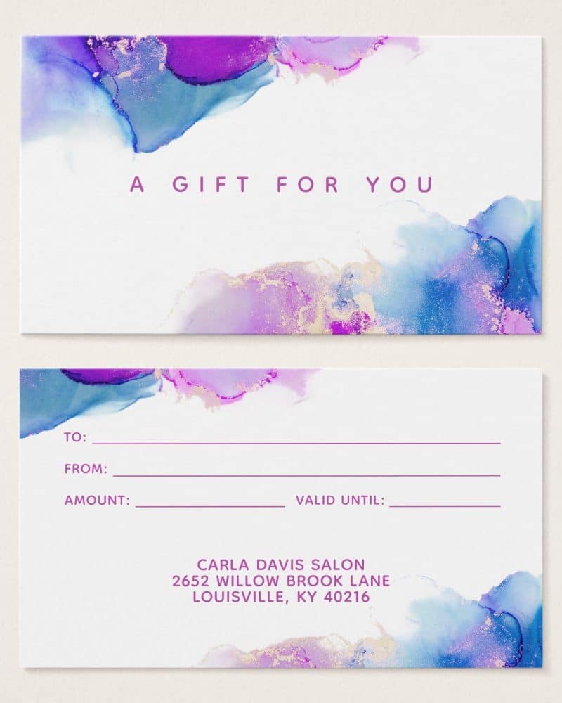 Gift certificate with purple, blue, and gold watercolor design; includes space for recipient, giver, amount, and expiration date; Carla Davis Salon information at the bottom.