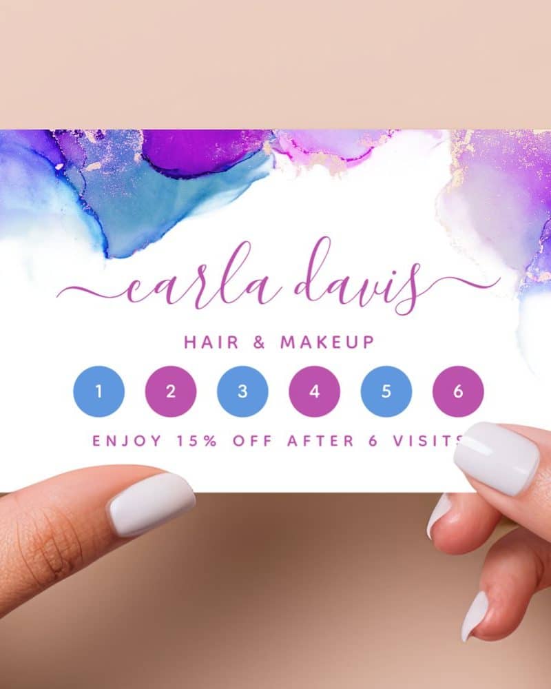 A six-visit loyalty card for Carla Davis Hair & Makeup, featuring an abstract purple and blue watercolor design.