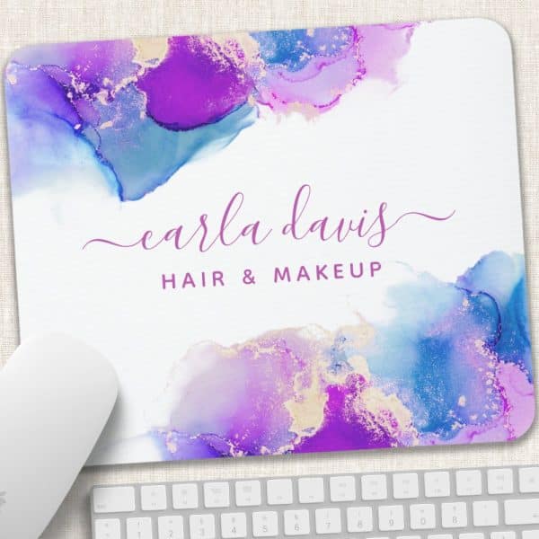 Mousepad Featuring Purple And Blue Watercolor Design With Carla Davis Hair &Amp; Makeup In Purple Script.
