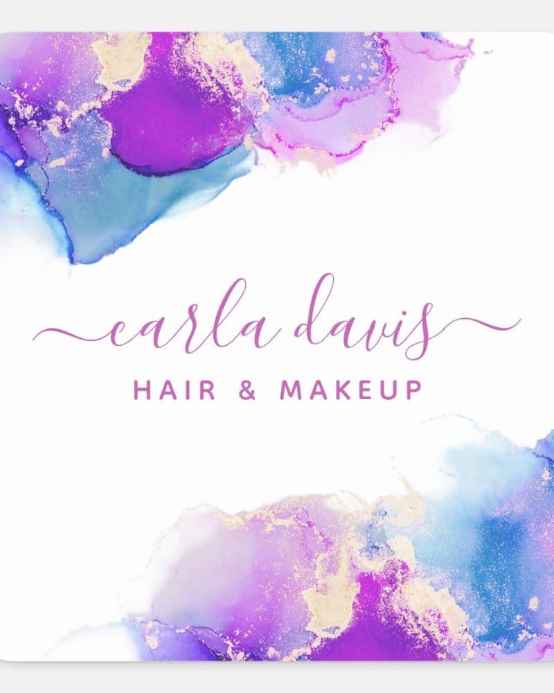 Purple and blue watercolor design with gold flecks, featuring Carla Davis Hair & Makeup.