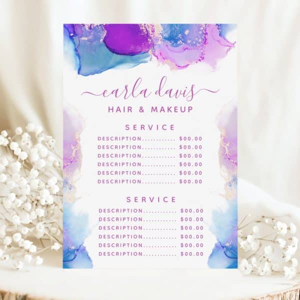 Carla Davis Hair And Makeup Price List With Purple And Blue Watercolor Design.
