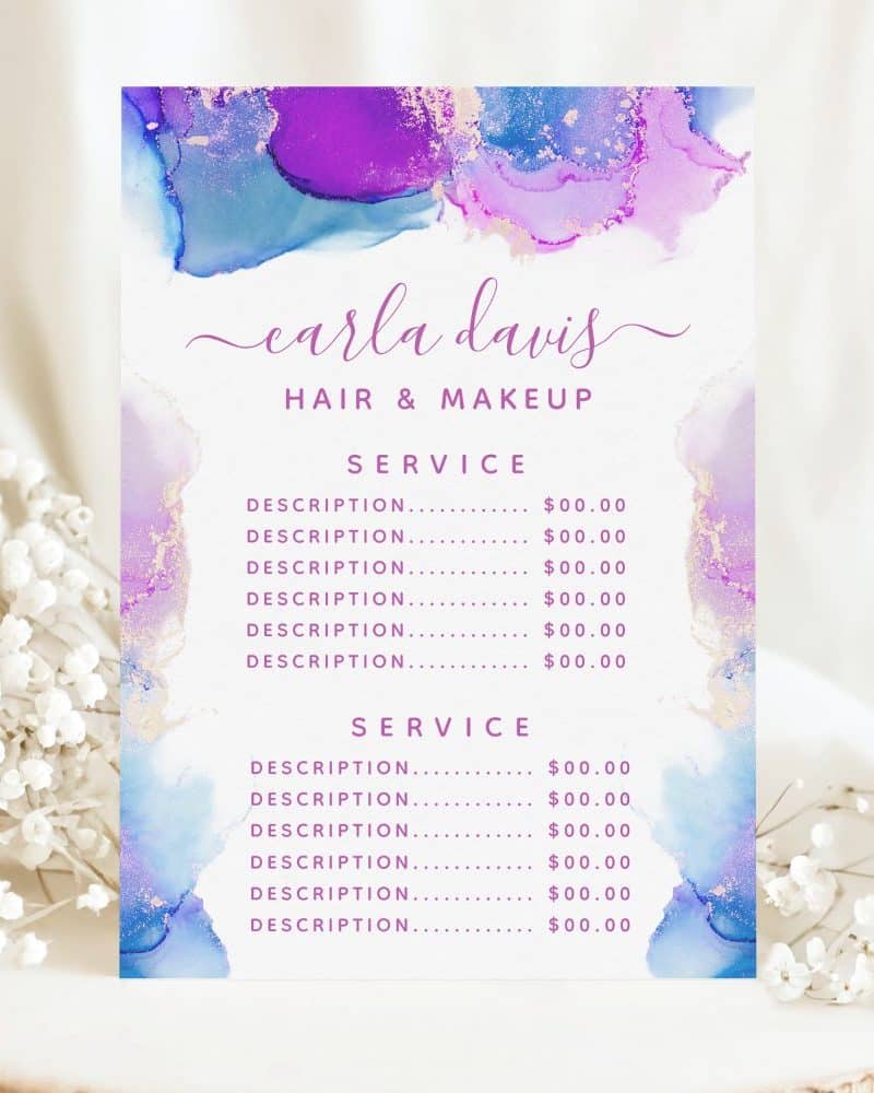 Carla Davis hair and makeup price list with purple and blue watercolor design.
