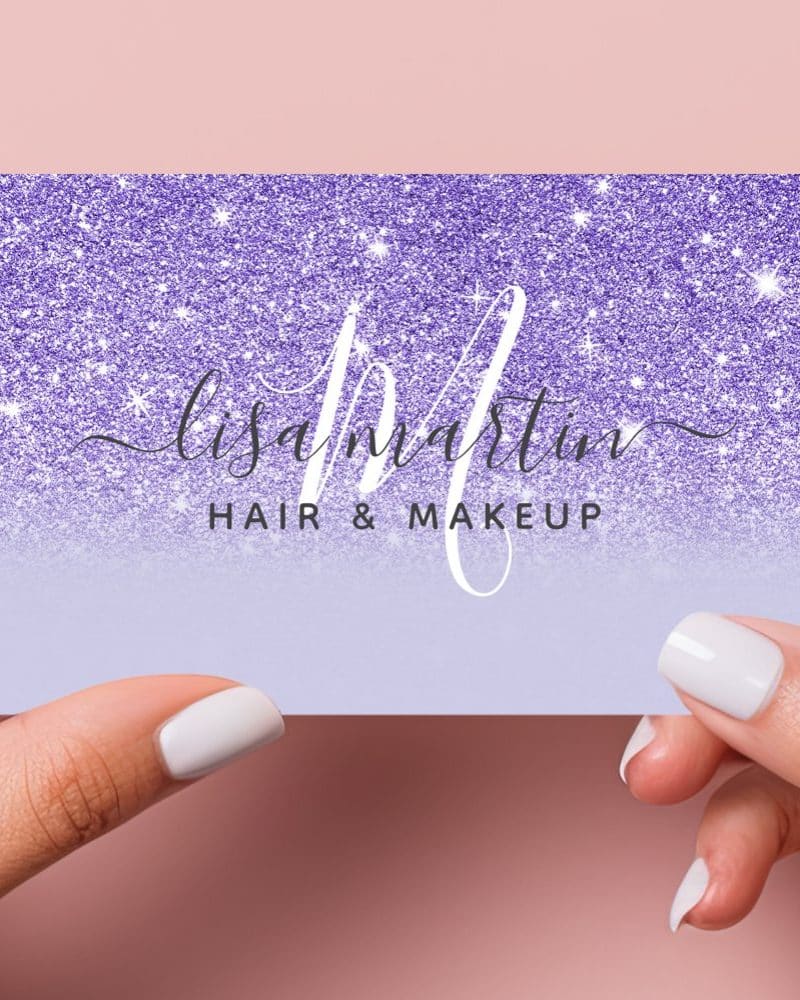 Purple glitter business card for Lisa Martin Hair & Makeup.