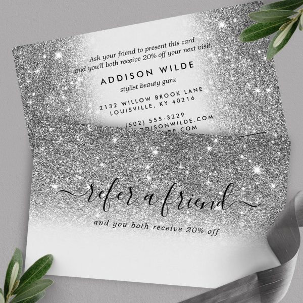 Silver Glitter Referral Card For Addison Wilde, Stylist. Includes Contact Information And Offer Details.