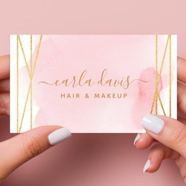 Pink Business Card With Gold Geometric Design And Carla Davis Hair &Amp; Makeup Text.
