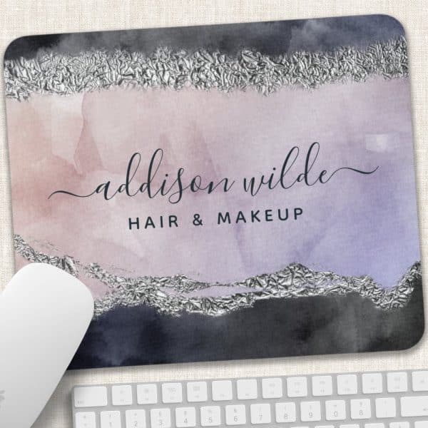 Mousepad With Watercolor Design In Shades Of Purple And Gray, Accented With Silver Foil, Displaying The Name Addison Wilde Hair &Amp; Makeup.