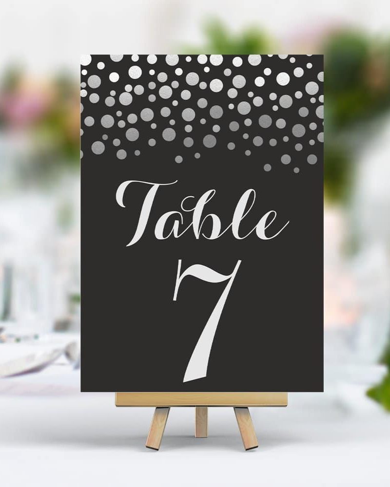 Silver Confetti Elegant Black Table Number