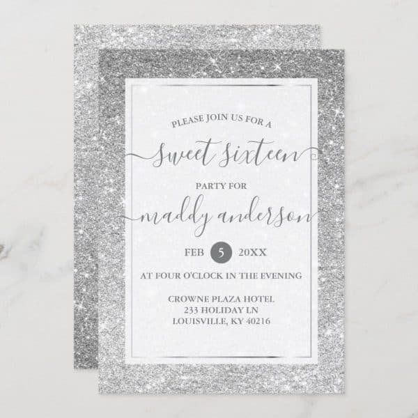 Silver Glitter Sweet Sixteen Invitation For Maddy Anderson.