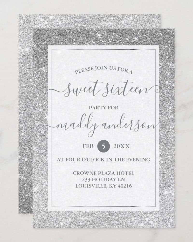 Silver glitter Sweet Sixteen invitation for Maddy Anderson.