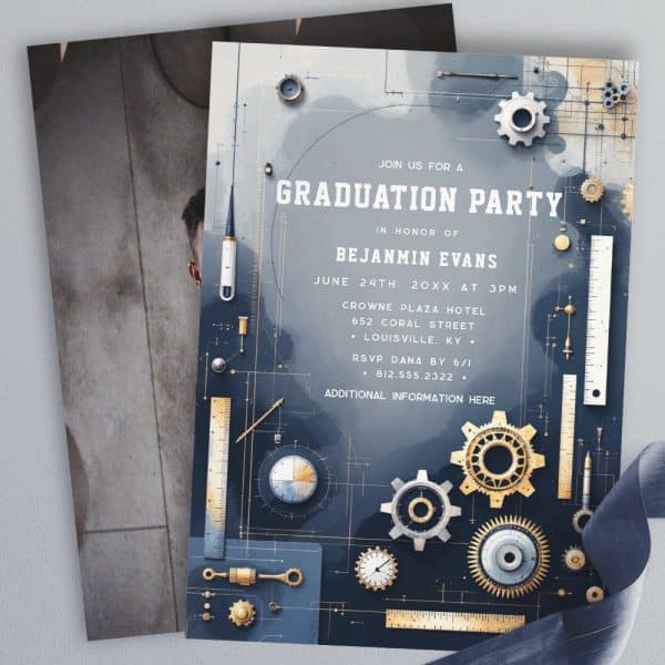 Graduation Party Invitation For Benjamin Evans, Featuring A Dark Blue And Gold Design With Gears And Tools.