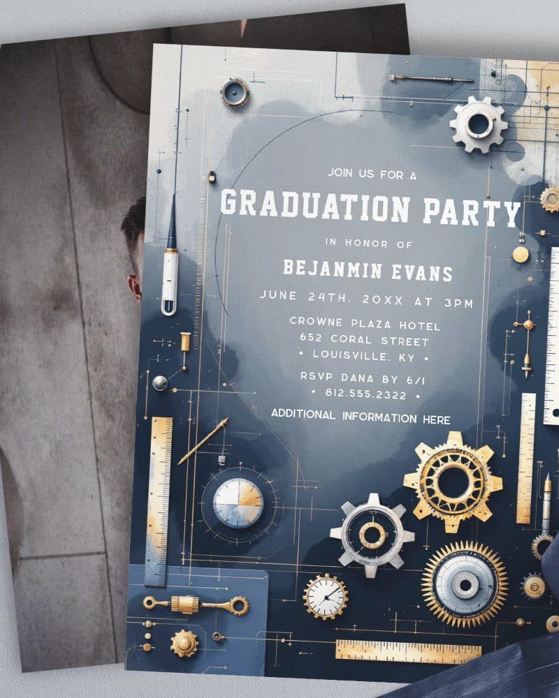 Graduation party invitation for Benjamin Evans, featuring a dark blue and gold design with gears and tools.