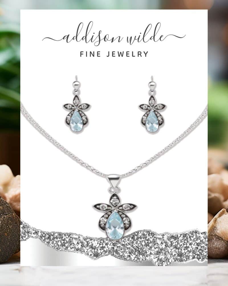Silver necklace and earrings set featuring light blue teardrop gemstones.