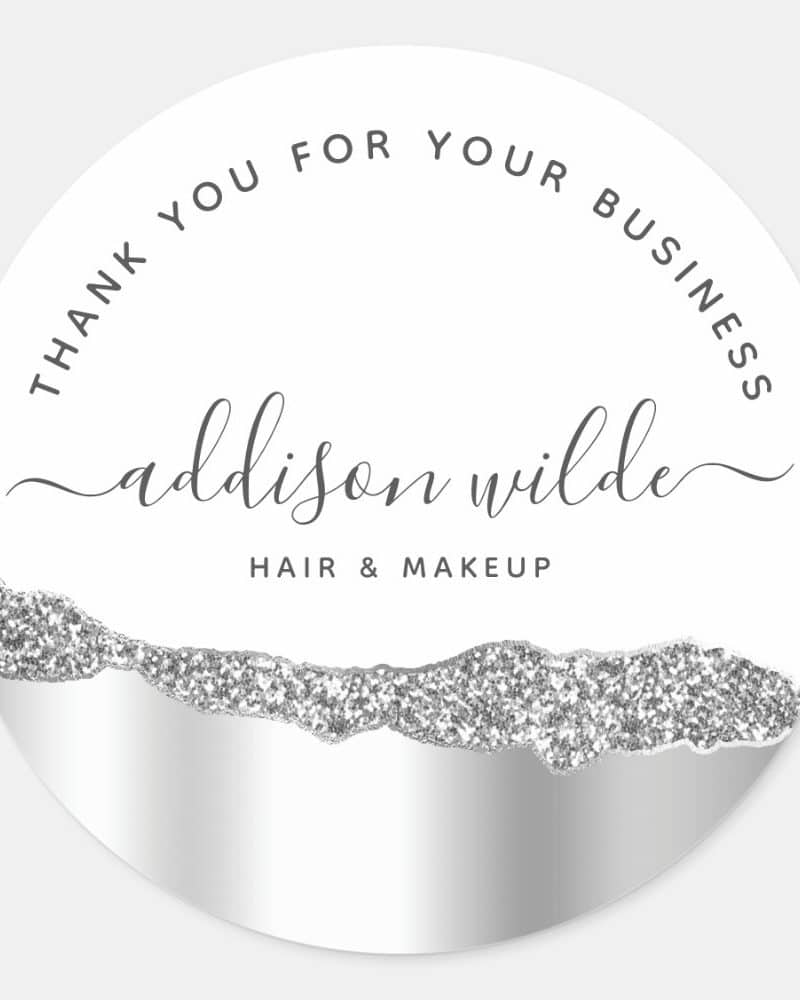 Circular thank you sticker with silver glitter design, featuring the name Addison Wilde, Hair & Makeup.