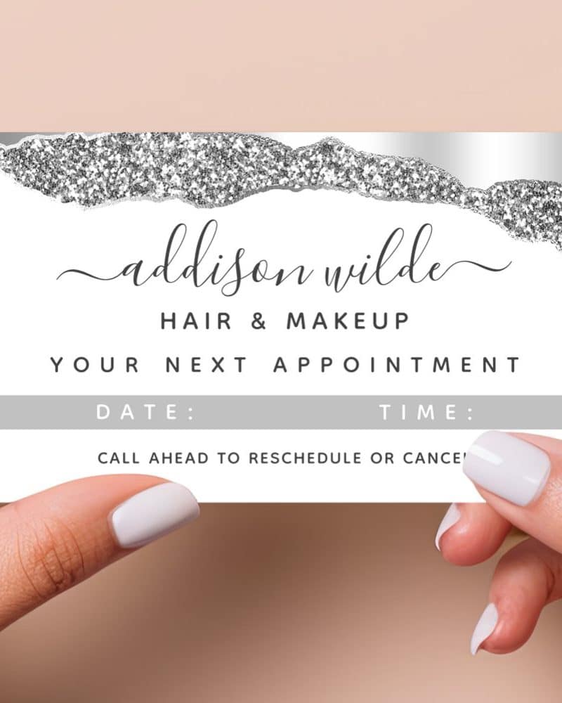 Silver glitter appointment card for Addison Wilde Hair & Makeup.