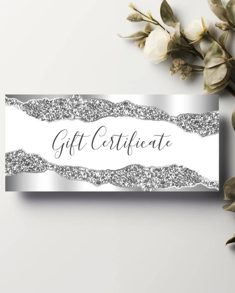 Silver glitter gift certificate.