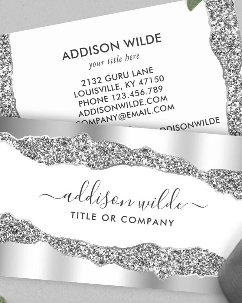 Silver glitter business card with Addison Wilde's name and contact information.