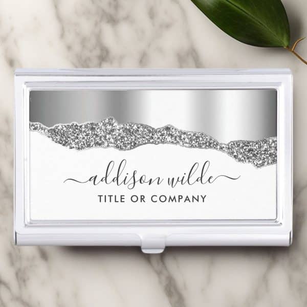 Silver Glitter Business Card Holder With The Name Addison Wilde.