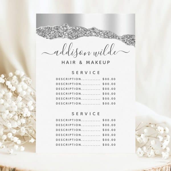 Addison Wilde Hair And Makeup Price List With Silver Glitter Design.