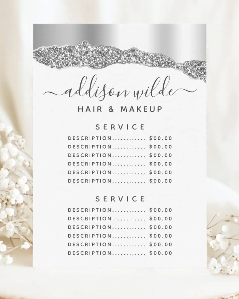 Addison Wilde hair and makeup price list with silver glitter design.