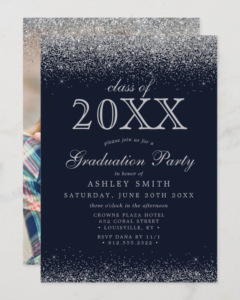 A navy blue graduation party invitation with silver glitter accents, announcing Ashley Smith's graduation.