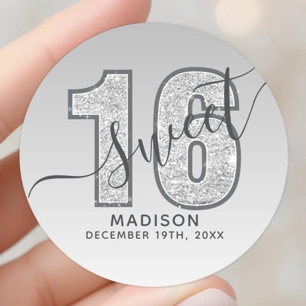 Silver Glitter Sixteen With Sweet Script And Madison'S Name And Date.