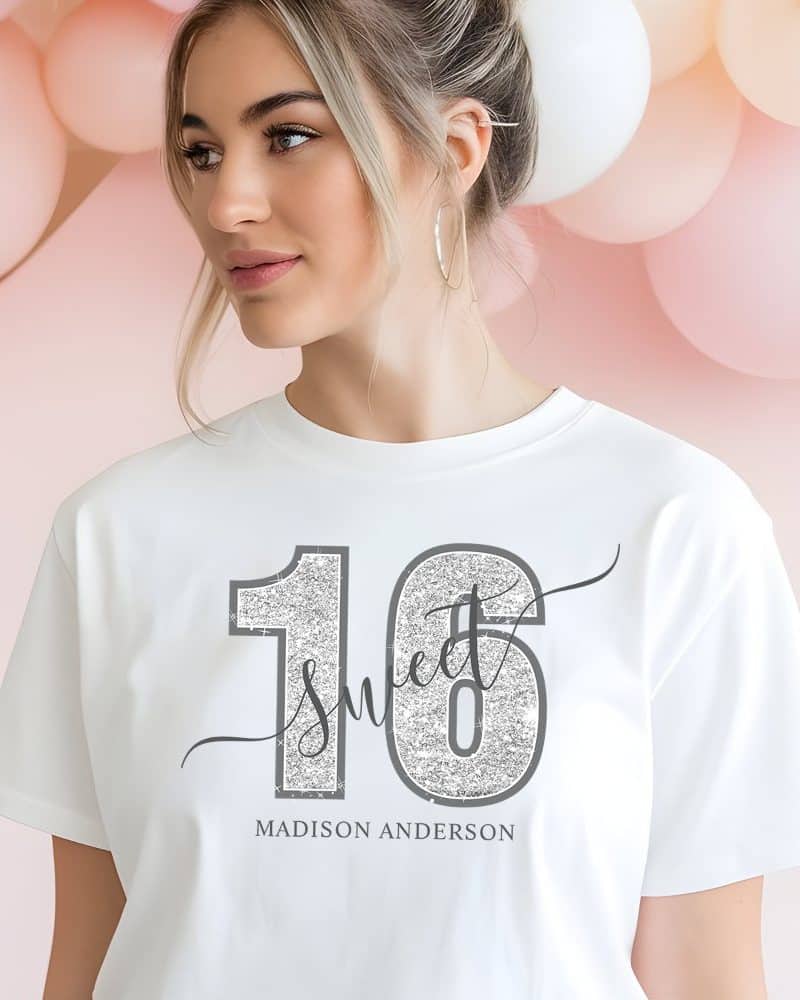 Woman wearing a white t-shirt with a silver glitter sixteen and the word sweet. The name Madison Anderson is printed below.