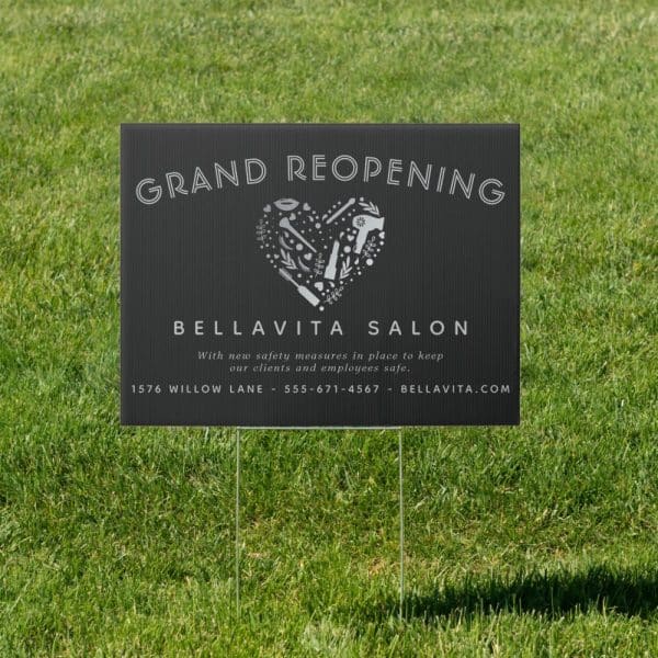 Bellavita Salon Grand Reopening Announcement With Contact Information. A Heart-Shaped Design Featuring Salon Tools Is Included.