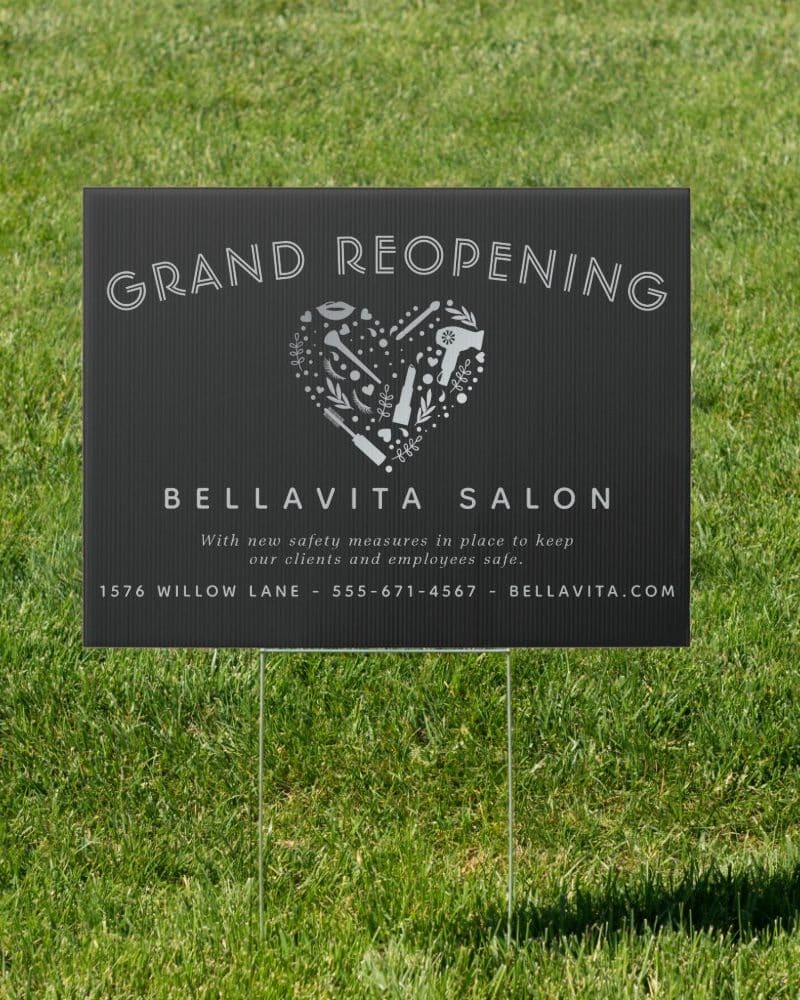 Bellavita Salon grand reopening announcement with contact information. A heart-shaped design featuring salon tools is included.