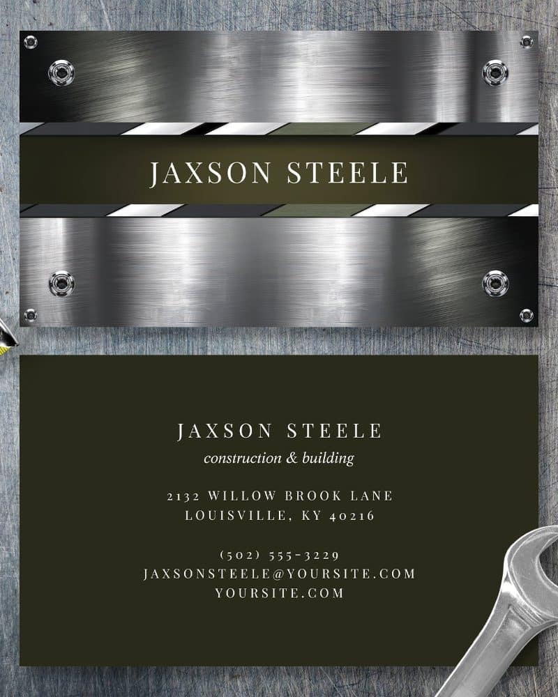 Business card for Jaxson Steele, construction and building, showing contact information.