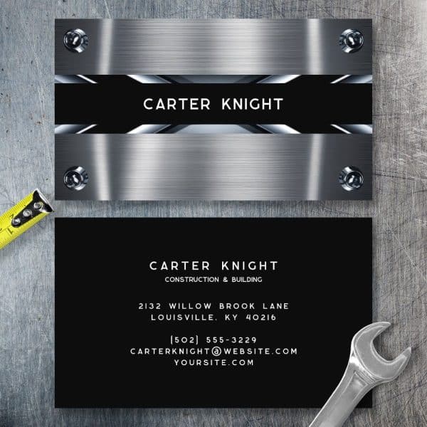 Business Card For Carter Knight Construction &Amp; Building. The Card Features A Brushed Metal Design.