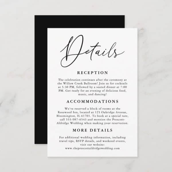 Wedding Reception Details Card With Information On Time, Location, Accommodations, And Website.