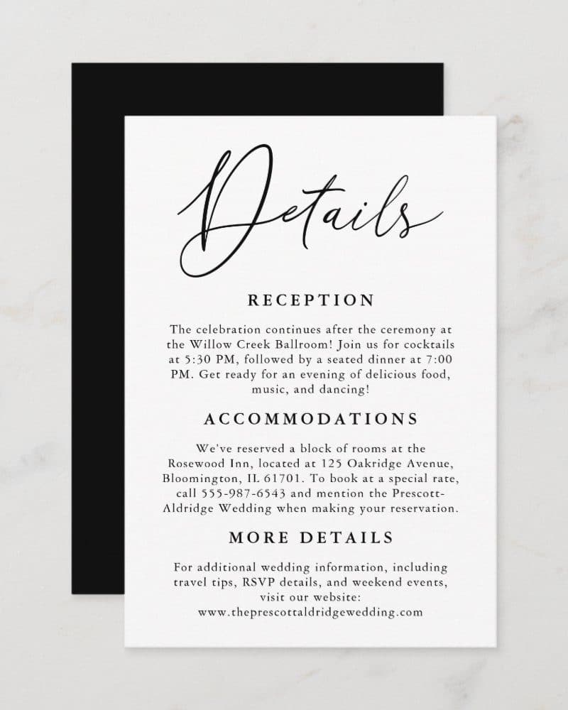Wedding reception details card with information on time, location, accommodations, and website.