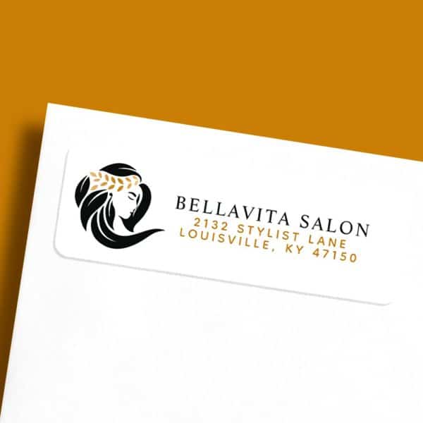 Bellavita Salon Logo On A Return Address Label. The Logo Features A Stylized Woman'S Face And Hair.
