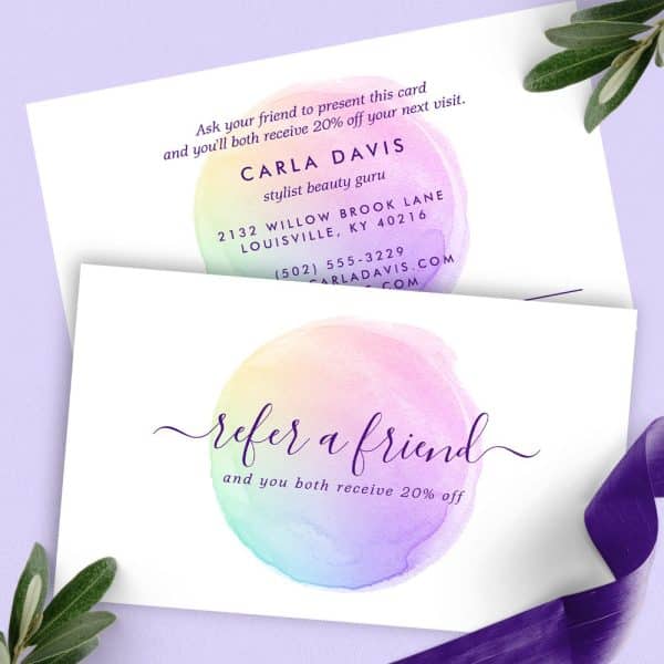 Refer A Friend Card Offering 20% Off For Both Referrer And Friend. The Card Features A Pastel Rainbow Watercolor Circle.