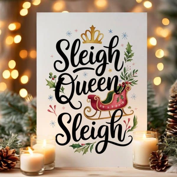 Christmas Sign With The Text Sleigh Queen Sleigh, A Crown, And A Red Sleigh.