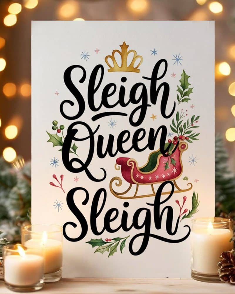 Christmas sign with the text Sleigh Queen Sleigh, a crown, and a red sleigh.
