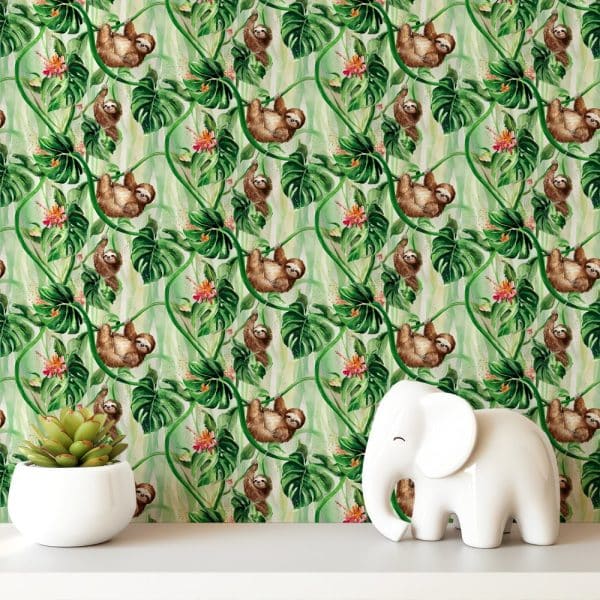 Watercolor Sloth Pattern Wallpaper With A White Elephant Figurine In The Foreground.
