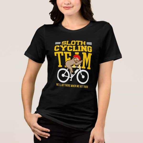 Black T-Shirt Featuring A Sloth Riding A Bicycle With The Text Sloth Cycling Team.