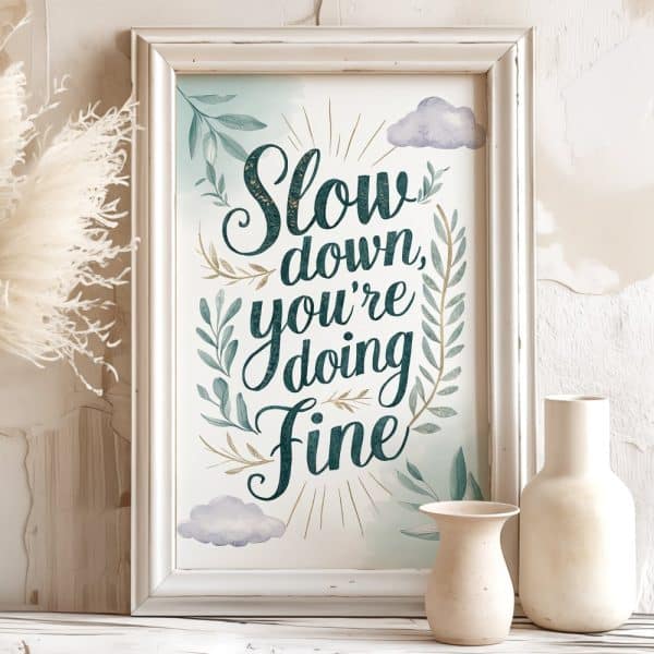 Framed Print With The Text Slow Down, You'Re Doing Fine, Surrounded By Leaves And Clouds.