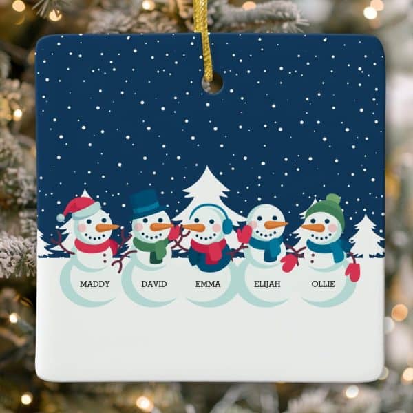 Square Christmas Ornament Featuring Five Snowmen In A Row, Each With A Name Beneath: Maddy, David, Emma, Elijah, Ollie.